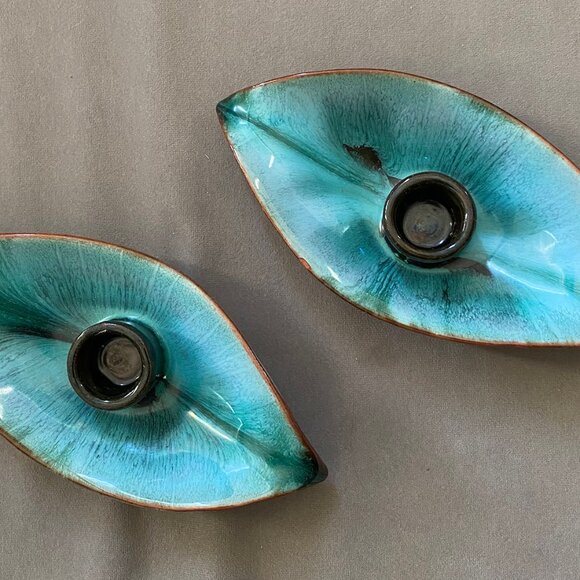 Two BMP Vintage Blue Ceramic Candle-holders tree leaf shaped 6 inch - Picture 2 of 3